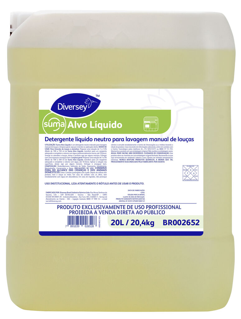 SUMA ALVO LÍQUIDO 20L - DETERGENTE LÍQUIDO NEUTRO PARA LAVAGEM MANUAL DE LOUÇAS
